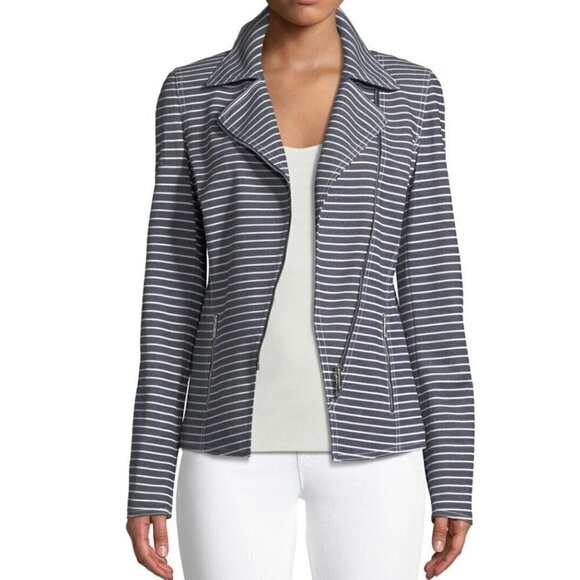 Lafayette 148 Sz 12 Blue Striped Moto Blazer Jacket l Full Zip Up Womens - Picture 1 of 12